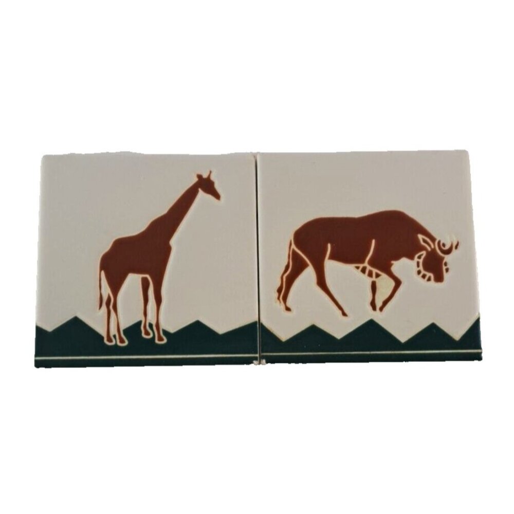 Giraffe Ibex Ceramic Wall Tiles African Animals Pair Of 2 Green Brown USA 6x6